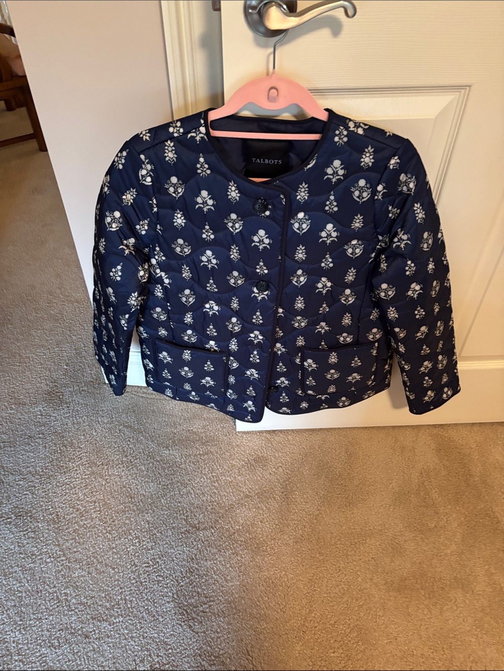 Talbots Navy Floral Quilted Puff Jacket